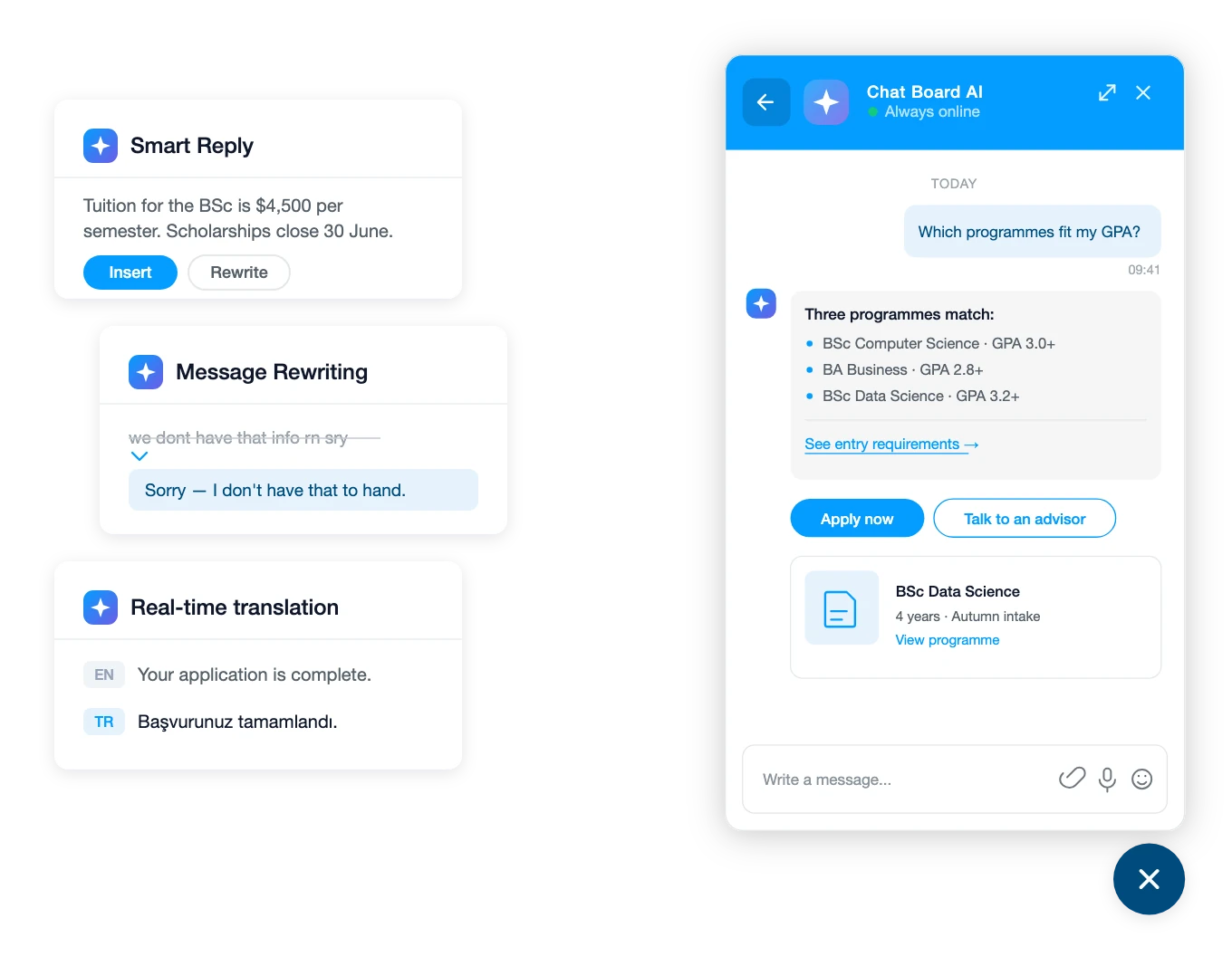 أدوات الذكاء الاصطناعي في Chat Board — الرد الذكي وإعادة صياغة الرسائل والترجمة الفورية — وبجانبها الذكاء الاصطناعي وهو يجيب زائرًا