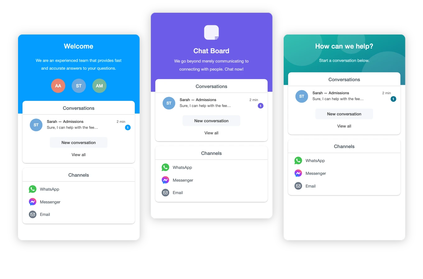 Drei Kopfzeilen-Stile des Chat Board Widgets: Agenten-Avatare, ein Markenlogo und ein Hintergrundbild