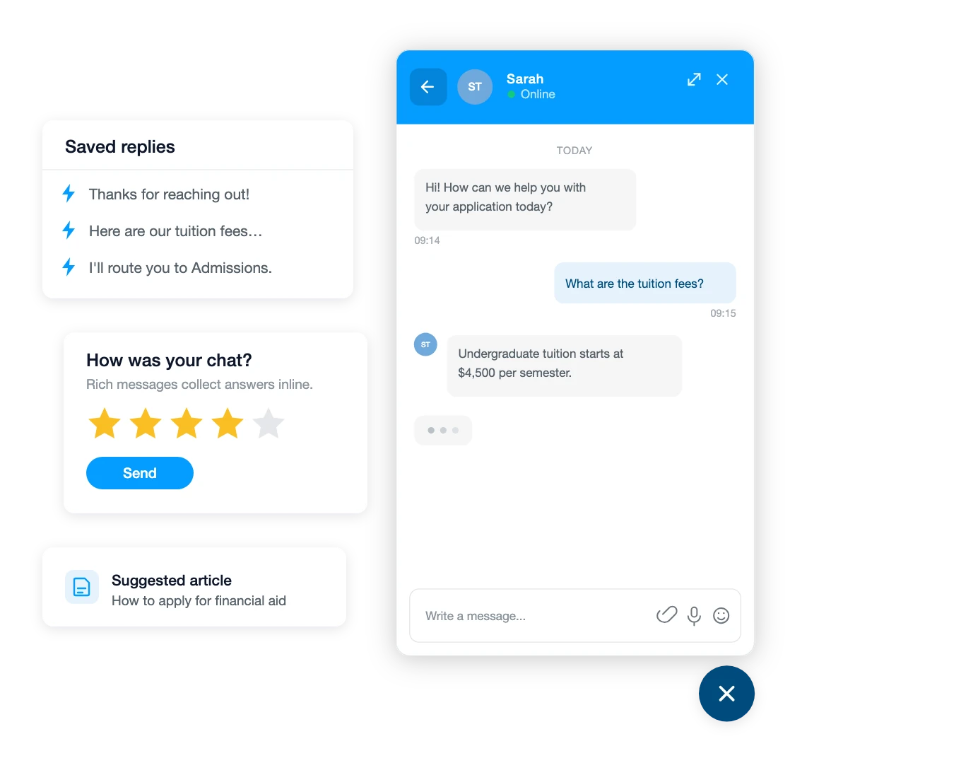 دردشة Chat Board المباشرة أثناء محادثة، مع الردود المحفوظة واستطلاع تقييم ومقال مقترح