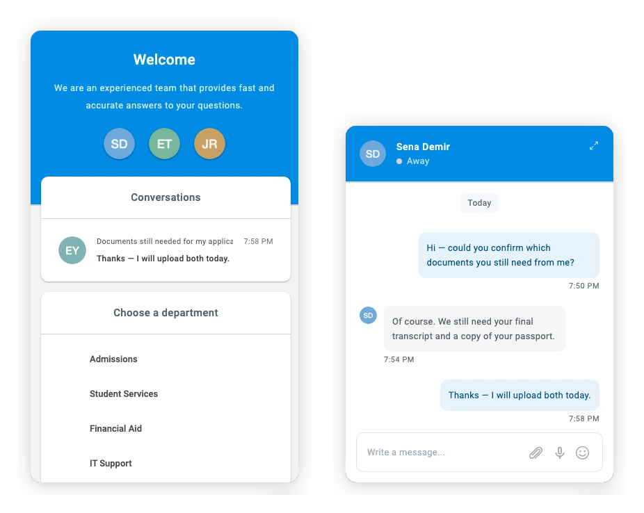 Chat Board departments: a conversation routed to Admissions, with a department picker