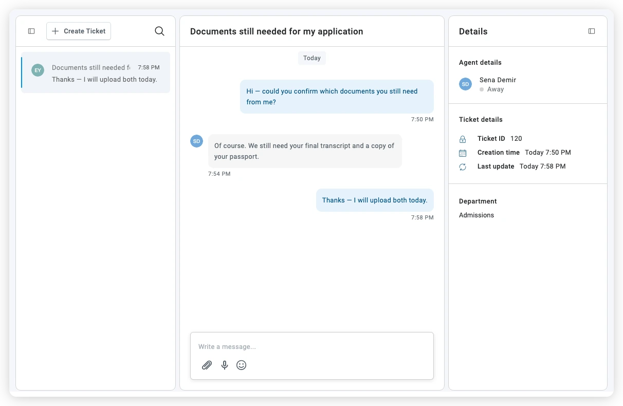 لوحة Chat Board المدمجة في الصفحة: قائمة التذاكر والمحادثة ولوحة التفاصيل